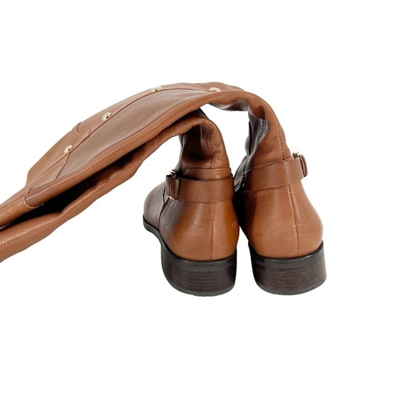 Michael Kors Tan Leather Riding Boots Knee High Zip Low Heel Size 10M Almond Toe - Picture 6 of 12
